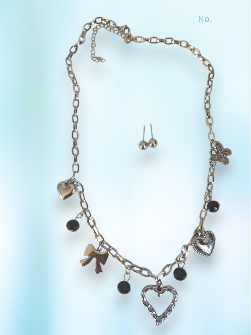 Silver Heart Charm Necklace with Black Beads – Women Jewelry